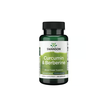 A bottle of Swanson Curcumin & Berberine with Black Pepper, 60 capsules, formulated to support blood glucose and promote healthy glucose metabolism.